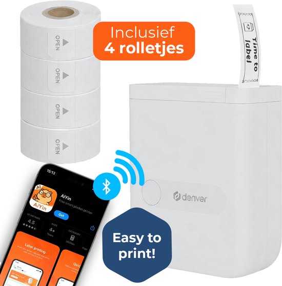 Denver Etikettendrucker – Bluetooth – Verbindung mit Smartphone – 15 x 40 mm – inkl. 4 Etikettenrollen – MBP16