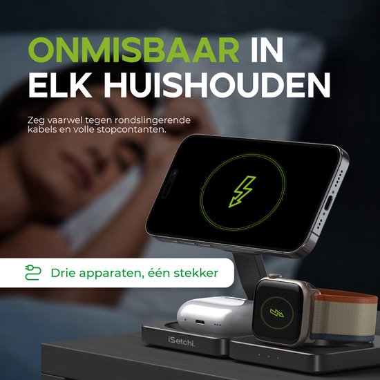 iSetchi 3-in-1 Power Base - kabelloses Ladegerät 15 W - faltbar & leicht - Qi-Ladestation - inkl. Kabel - kompatibel mit Smartphone, Smartwatch & Kopfhörern