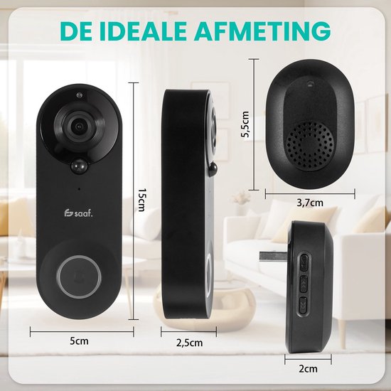 Video-Türklingel mit Kamera - inkl. Gong & 128GB SD - drahtlos - intelligente Türklingel - mit App - Schwarz - von Saaf