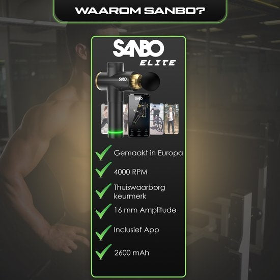 Sanbo Massagepistole Elite - Sport- und Entspannungsmassage - Schwarz/Gold - Professionelle 30 Stufen - Inklusive Etui - Inklusive APP - Massagepistole - Massagegerät - Fitness