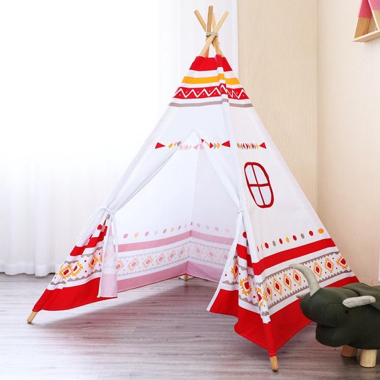 Sunny LED-Tipi-Zelt Rot/Weiß – 60 LED-Lämpchen – FSC-zertifizierte Holzstangen – 120 x 120 x 160 cm