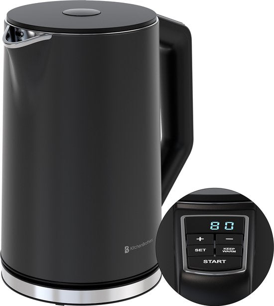 KitchenBrothers Wasserkocher - Elektrisch - 1,5L - 2200W - Einstellbare Temperaturregelung - Doppelwandig - Edelstahl-Wasserkocher - Schwarz