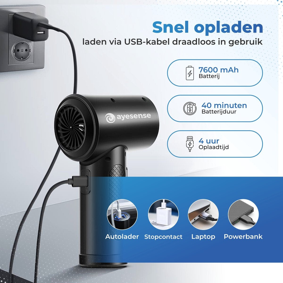 AyeSense Air Duster Pro - 8 Aufsätze - kabellos & wiederaufladbar - 52.000 U/min - Druckluft-Staubreiniger - Druckluft