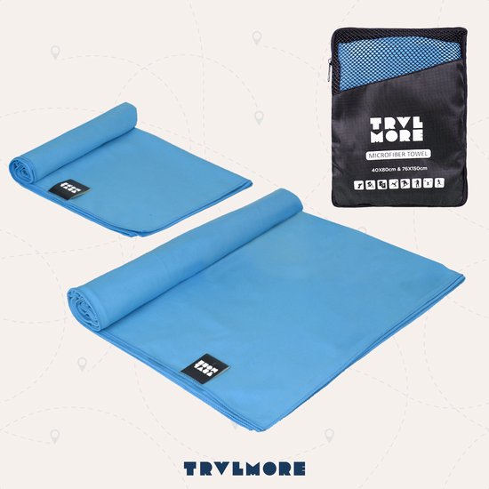 TRVLMORE Mikrofaser-Reisehandtuch-Set - 2 Stück - Klein (40 x 80 cm) & Groß (76 x 150 cm) - Mikrofaser - Blau