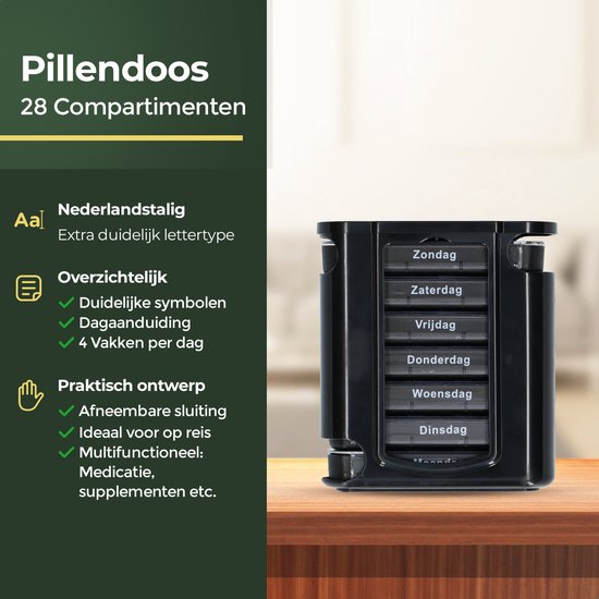 Gandria Pillendose 7 Tage - Herausnehmbare Pillendose - Stapelbare Medikamentenbox mit 28 Fächern - Medikamentenbox mit stabilem Verschluss - 4 Fächer pro Tag - Schwarz