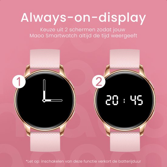 Maoo Ventura AMOLED Smartwatch - Edelstahl - 3x Silikonband - Schrittzähler, Herzfrequenzmesser und Schlafüberwachung - Multisport - Für Android und iOS - Damen - Rose Gold/Pink
