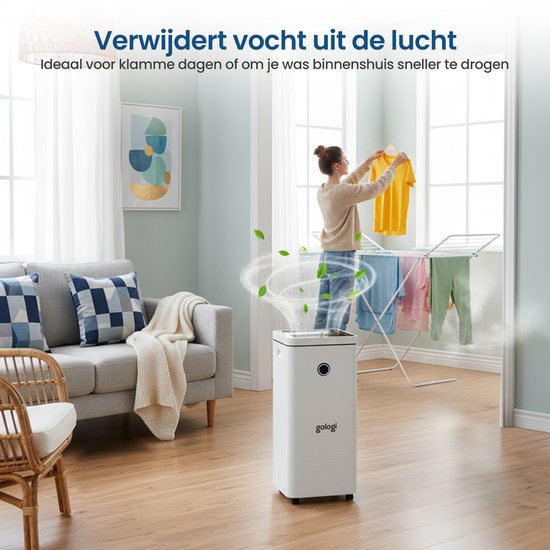 Gologi Luftentfeuchter mit App - Entfeuchtet bis zu 12L pro Tag - Wasch-Trocken-Funktion - Für Zuhause - Geeignet für Keller, Schlafzimmer, Badezimmer und Wohnzimmer - Luftentfeuchter - Feuchtigkeitsfresser gegen Schimmel - Weiß