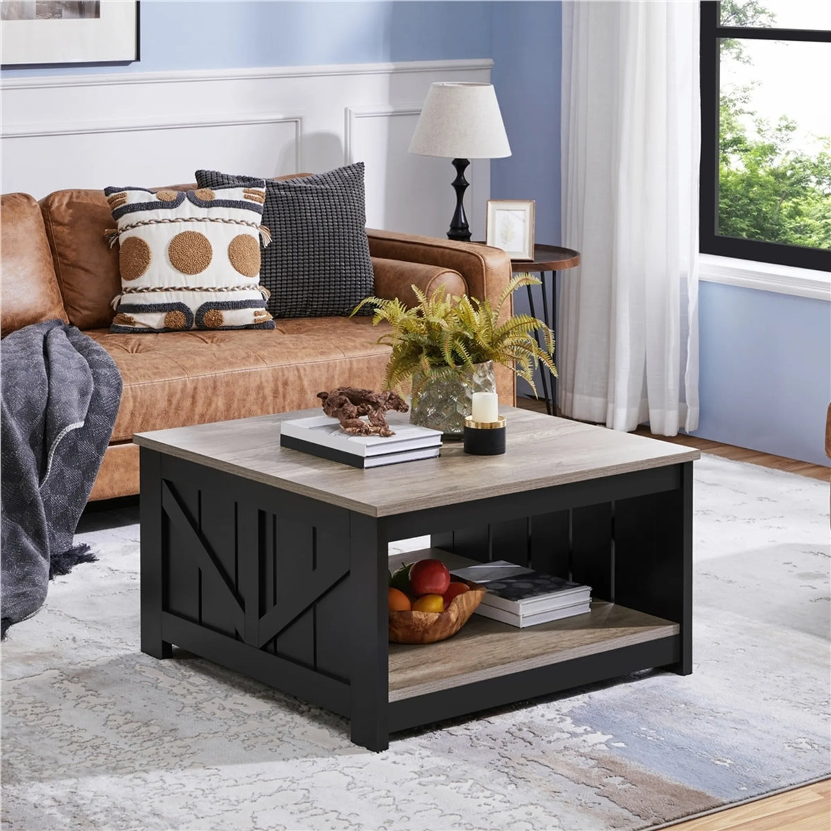 Yaheetech Couchtisch Quadratisch - 80 x 80 x 45 cm - Mit geräumigem Ablagefach und Scheunentür Design und Holzmaserung Furnier - Für Wohnzimmer und Sitzbereich - Grau E1 MDF