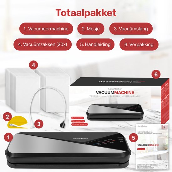 AoraKitchen Vakuumierer - 6 Funktionen - Inkl. 20 Vakuumbeutel & Vakuumschlauch - Schwarz