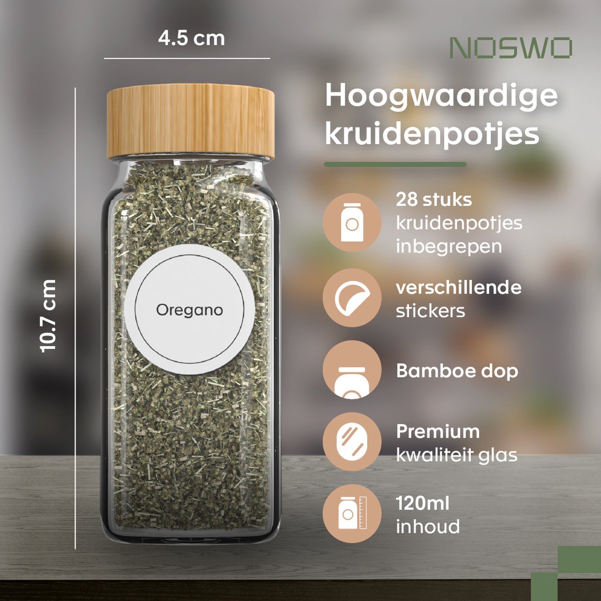 Noswo Gewürzregal Schublade - Mit 28 Gläsern - Komplettset - Quadratisch - Streudeckel und Etiketten - Gewürz-Organisator - Küchenschubladen-Organisator - Bambus