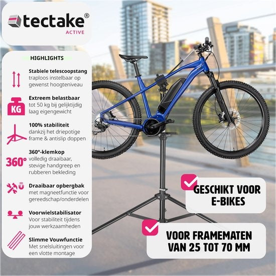 tectake - Fahrradreparaturständer Tristan - Schnellspanner - Spannkopf - 360° drehbar - höhenverstellbar - Max. 50kg. - Montageständer - Geeignet für E-Bikes Elektrofahrrad - 404920