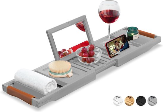 RelaxTub® Badewannenbrett - Badewannenbrett für die Badewanne - Badewannenregal - Verstellbar - Rutschfest - Badewannenbrett Grau - Badewannenbrett Holz - Badewannenregal mit Buchhalter, Tablet-Halter & Spiegel