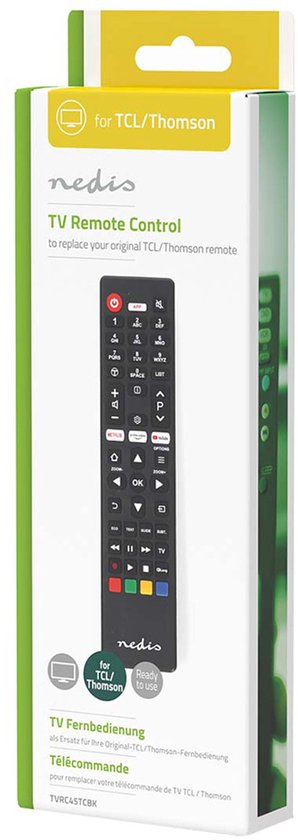 Nedis Ersatzfernbedienung – Geeignet für: TCL/Thomson – Vorprogrammiert – 1 Gerät – Amazon Prime-/Netflix-Taste/YouTube-Taste – Infrarot – Schwarz