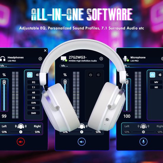 ATTACK SHARK L30PRO Kabelloses Gaming-Headset – 7.1-Surround-Sound – 50-mm-Treiber – 20 ms geringe Latenz – abnehmbares Mikrofon mit Geräuschunterdrückung – Rahmen aus Aluminiumlegierung – Tri-Mode-Konnektivität – Over-Ear-Headset – Weiß