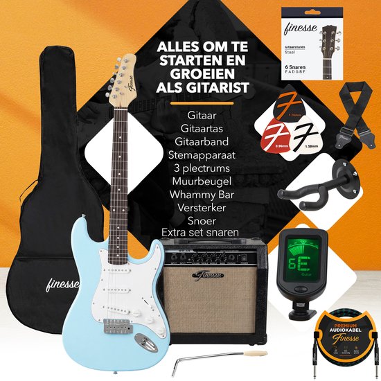 Finesse E-Gitarre mit Verstärker – inklusive Videokurs – Gitarre – Erwachsene – Kinder – Blau