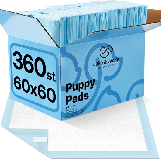 Jake and Jacky Welpentrainingsunterlagen mit Klebestreifen, 360 Stück – Stubenreinheitstraining für Hunde – Hundetoilettenunterlagen – Hundetoilette – Hundetoilettentücher – Welpentücher – Welpenmatten, 60 x 60 cm