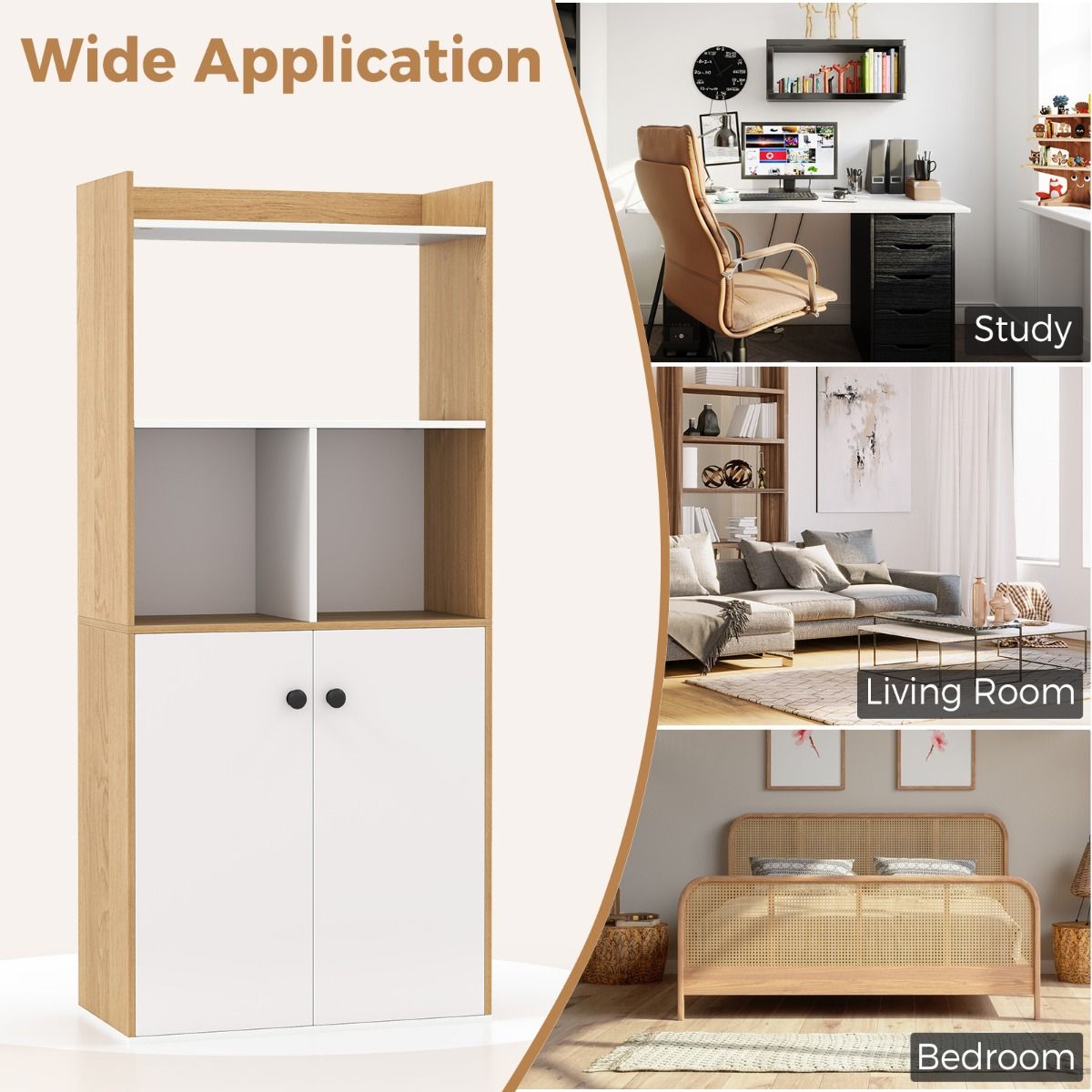 Coast Bücherregal mit Doppeltürschrank - Weiß & Natur - 3 Etagen hoher Regalboden - Freistehende Aufbewahrungsmöbel - 60 x 30 x 133 cm