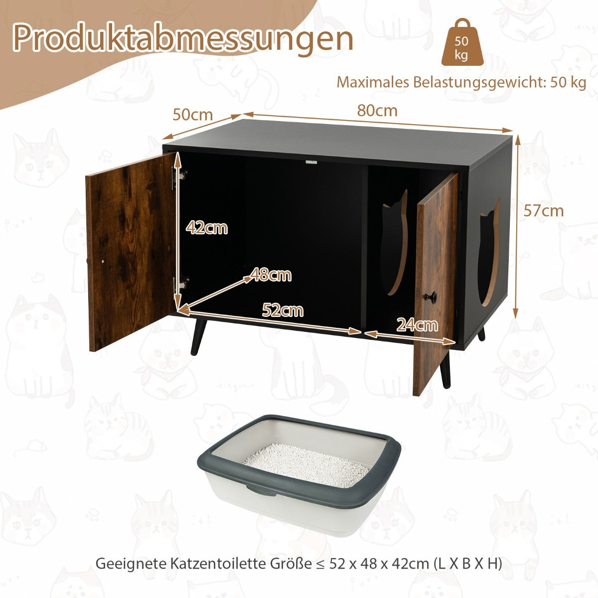 Coast Cat Cabinet Katzentoilette Katzenhaus mit Doppeltüren und Eingang 80 x 50 x 57 cm schwarz + Natur