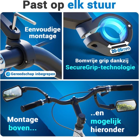 NEXTCOVER® Fahrradspiegel e-bike links und rechts SET mit ProVision Echtglas - Lenker montierter Fahrradspiegel - Fahrradspiegel ebike, Rückspiegel Fahrrad und e-bike