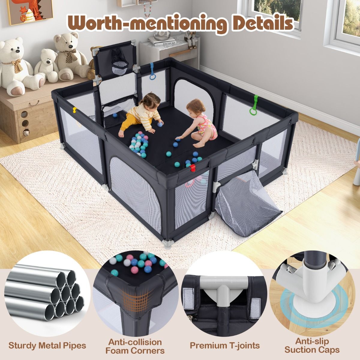 Coast Babybox mit Basketballkorb und Fußballtor – inklusive Bälle und Tragetasche – dunkelgrau 188 x 157 cm