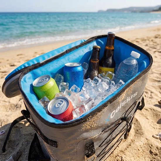 XCelsius® Kühltaschen-Rucksack 20 Liter – Kühltaschen-Rucksack mit 2 Kühlelementen und Flaschenöffner – Mindestens 24 Stunden Kühlleistung – 100 % wasserdicht – Kühltaschen-Rucksack für Strand, Festival, Boot und Camping – Grau