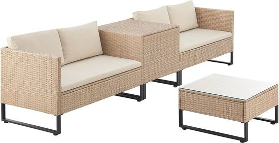 Juskys Lounge Set / Garten Set Santorini - Polyrotan - Modular - Creme - Inkl. Tisch & Aufbewahrungsbox