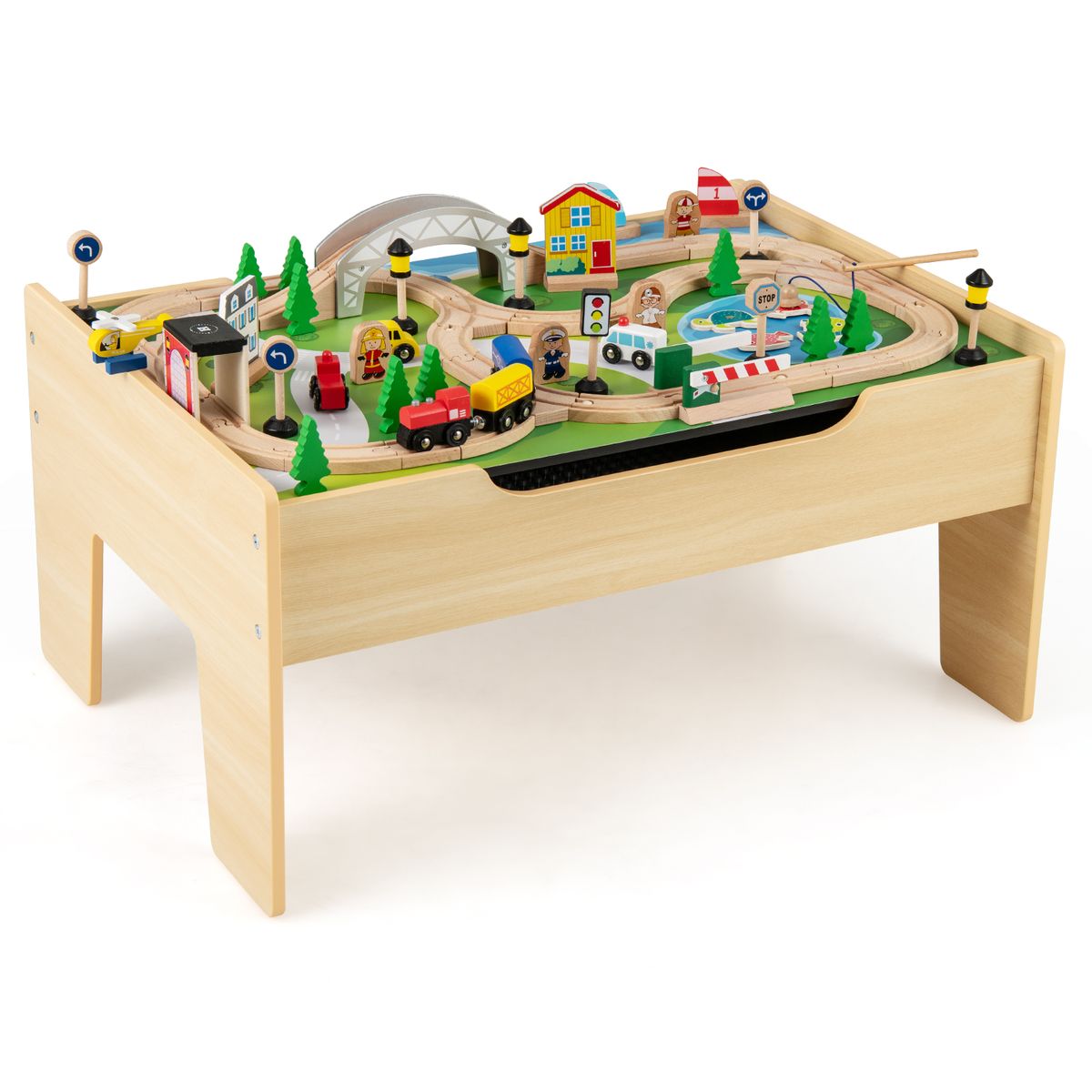 Coast Holzzug-Spieltisch für Kinder – 5-in-1-Aktivitäten-Spieltisch – 78-teilig – Naturfarben