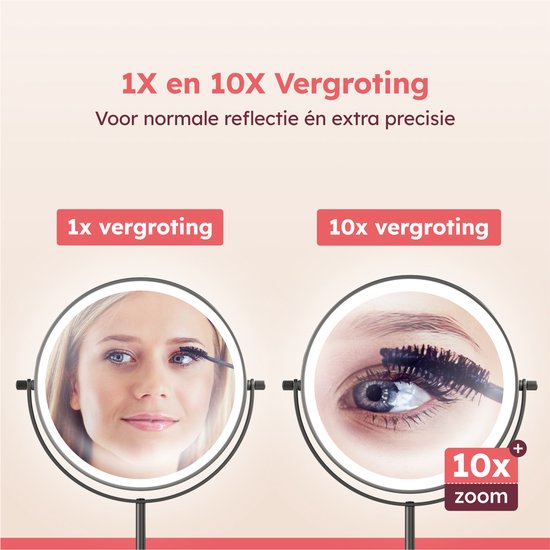 Fraay® Make-up-Spiegel mit LED-Beleuchtung - 10-fache Vergrößerung - Vergrößerungsspiegel mit Licht - wiederaufladbar - Rasierspiegel - Badezimmerspiegel - Schwarz