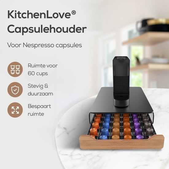 KitchenLove Kapselhalter - Mit Schublade - Für 60 Kampseln - Bambusholz - Schwarz