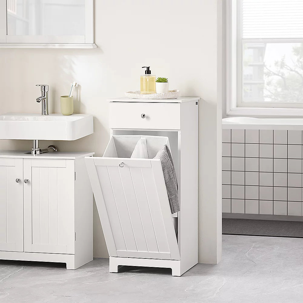 Sobuy Badezimmerschrank mit Wäschekorb – Ausgestattet mit 1 herausnehmbarem Wäschekorb, 1 Tür und 1 Schublade – Für Badezimmer und Waschküche – Weiß lackiertes MDF – 40 x 38 x 90 cm
