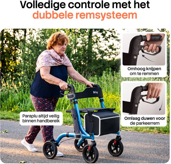 Brixy Rollator – Leicht & zusammenklappbar – 360°-Gummiräder – Sitzfunktion – Für drinnen und draußen – Rückenlehne, Tasche & Gehstockhalter – Blau