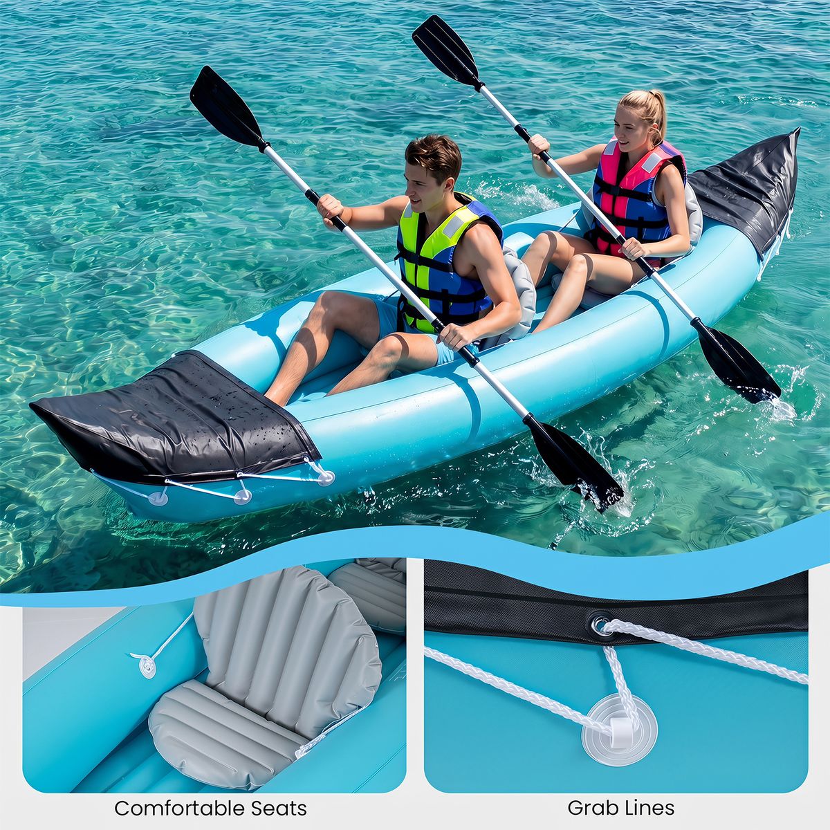 Coast Aufblasbares Kajak-Set für 2 Personen – mit Paddeln und Fußpumpe – Blau – 321 x 92 x 45 cm