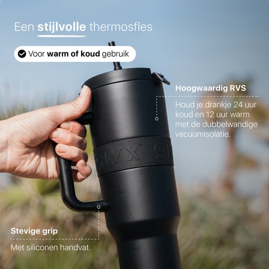 ONYX Trinkflasche mit Strohhalm 1 Liter - Trinkflasche für Kinder & Erwachsene - Thermosbecher Edelstahl Reisebecher - Motivationstrinker - Trinkbecher für die Schule - Onyx Schwarz