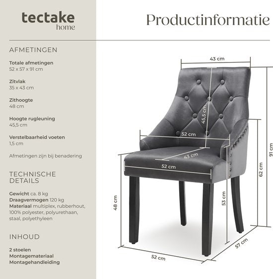 tectake - 2er-Set Esszimmerstühle Everdeen - Samtoptik, abgesteppt - Mit Armlehnen - Beine aus Massivholz - Stuhl für Wohnzimmer, Esszimmer, Küche - Große Rückenlehne - Dunkelgrau / schwarz
