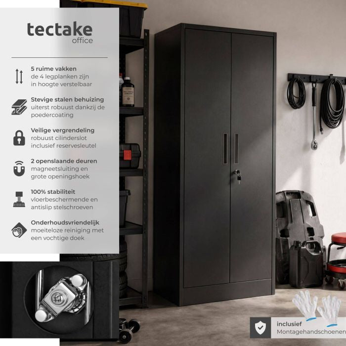 tectake Aktenschrank Brandon – pulverbeschichteter Stahl – 60 x 40 x 180,5 cm – Schwarz