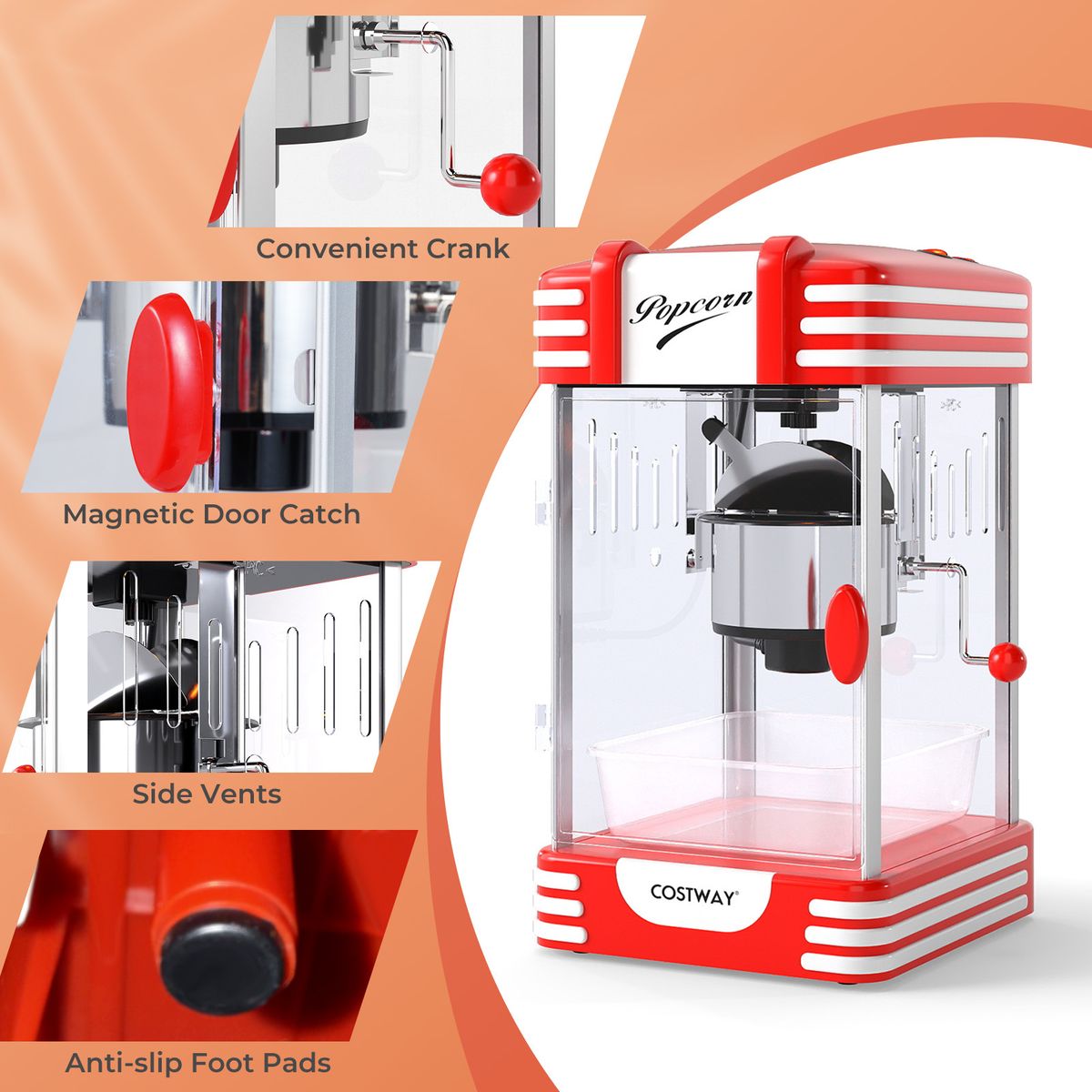 Coast Popcornmaschine – Retro-Kino-Stil – Warmhalte-Lampe – manuelle Bedienung – rot/weiß