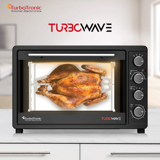 TurboTronic - EV45 Freistehender Backofen - 45 Liter Fassungsvermögen - 2000W Leistung - Heißluft- & Rotisserie-Funktion - 100-230°C - Schwarzer Edelstahl