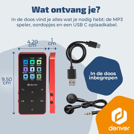 Denver MP3/MP4-Player – Bluetooth – Zufallswiedergabe/Wiederholung – SD-Karte bis zu 128 GB – inkl. Ohrhörer – Diktiergerät – MP1830R – Rot