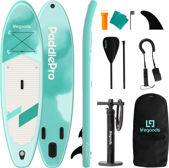 LifeGoods SUP Board All-round Compact - 100 KG Belastbarkeit - 300 x 76 cm - Aufblasbar - SUP-Komplettpaket - Mintgrün