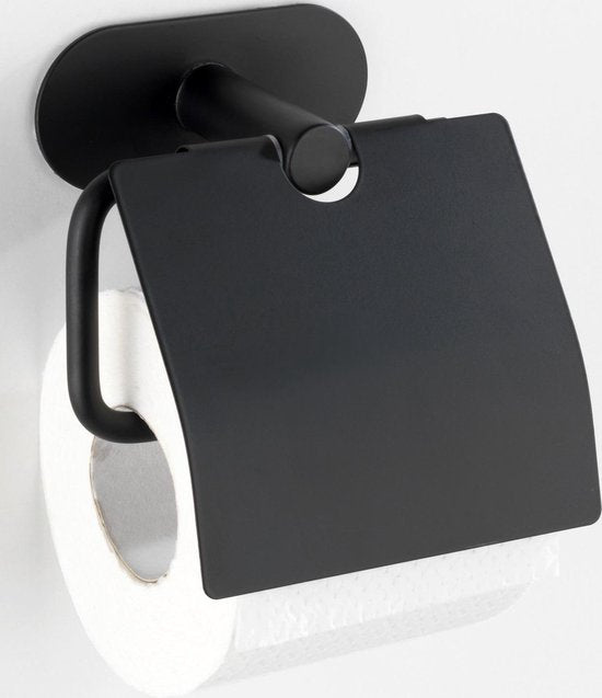 WENKO Turbo-Loc® Toilettenpapierhalter mit Klappe Orea Edelstahl schwarz matt – Toilettenpapierhalter – WC-Rollenhalter – Befestigung ohne Bohren – Selbstklebend – 10 Jahre Garantie