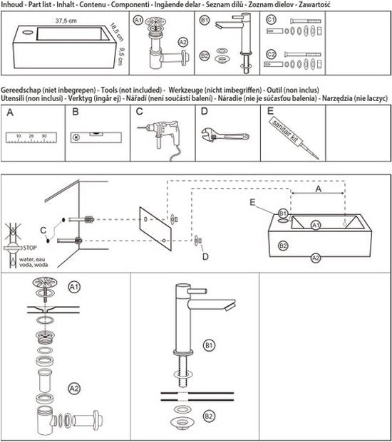 Differnz Helios Springbrunnen-Set – 37,5 × 18,5 × 9,5 cm – Rechteckig – 1 Wasserhahnanschluss links – Gerader, mattschwarzer Wasserhahn – Weiß