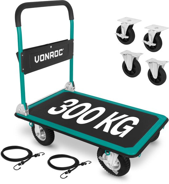 VONROC Premium-Plattformwagen – mit Luftreifen – zusammenklappbar – Tragkraft max. 300 kg – große Ladefläche 90 x 60 cm – inklusive Spanngurte