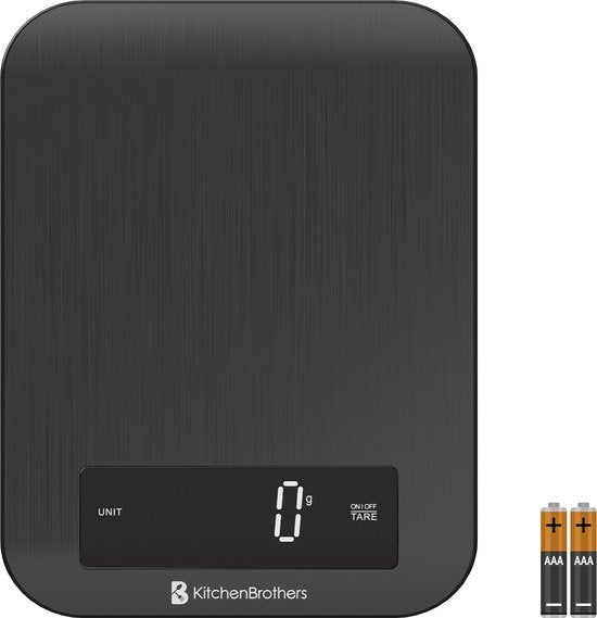 KitchenBrothers Küchenwaage - Küchenwaage - Digital - 1g bis 10kg - Batterien enthalten - Edelstahl/Gunmetal Schwarz