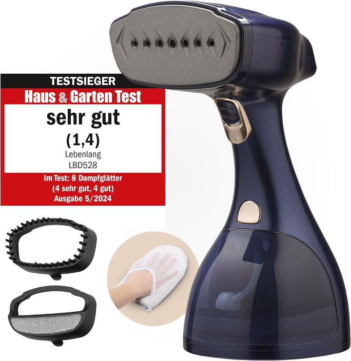 LEBENLANG Wäschedampfer - 1500W - 300 ml Wassertank - Inklusive Handschuh und Aufsätzen - Blau