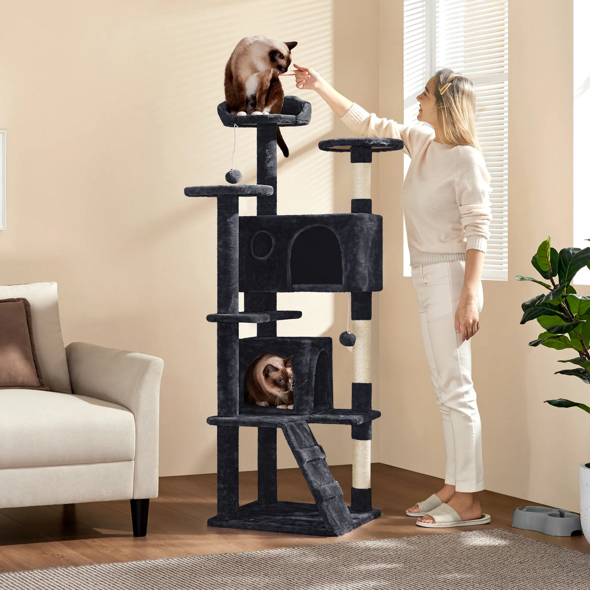 Yaheetech Kratzbaum mit 2 Höhlen – 158 cm hoch – 49 x 49 cm – Schwarz