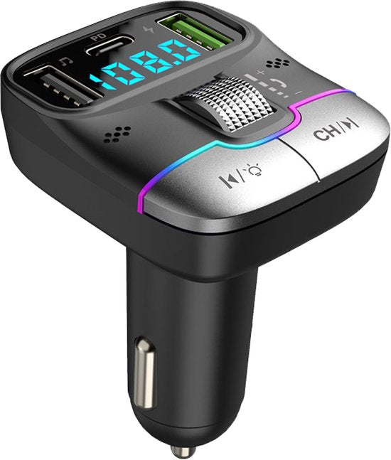 Audyn Bluetooth FM Transmitter - USB-A & USB-C - Bluetooth-Empfänger - Schnellladegerät - Autoladegerät - Carkit - Autozubehör - RGB