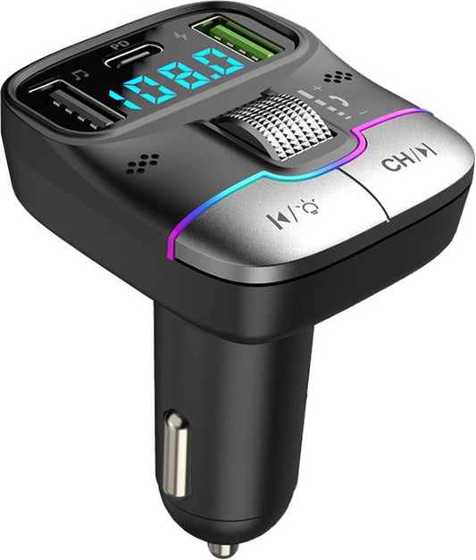 Audyn Bluetooth FM Transmitter - USB-A & USB-C - Bluetooth-Empfänger - Schnellladegerät - Autoladegerät - Carkit - Autozubehör - RGB