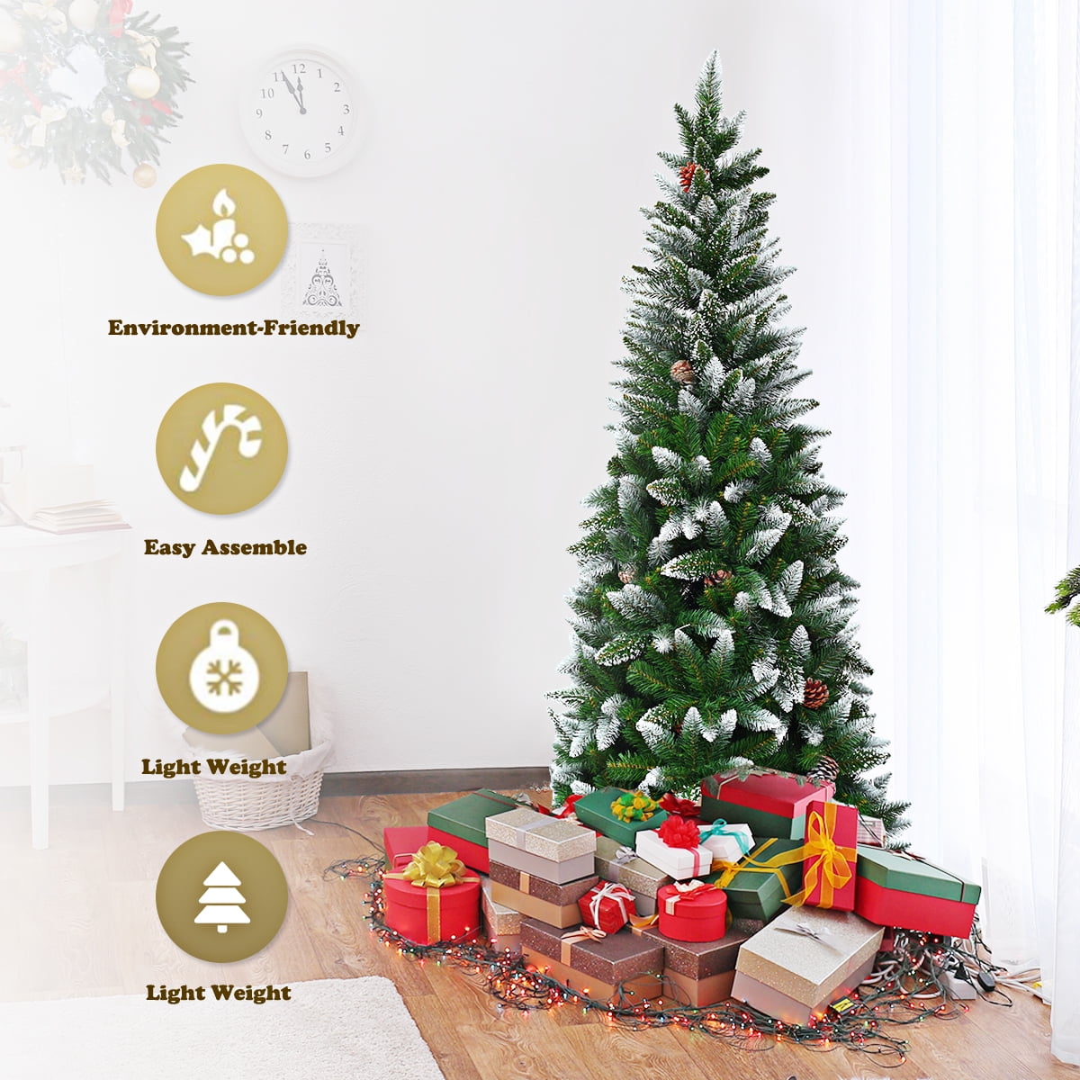 Coast Snowy Slim Künstlicher Weihnachtsbaum Grün/Weiß - 64 x 183 cm - Mit 630 Zweigspitzen und 29 Tannenzapfen