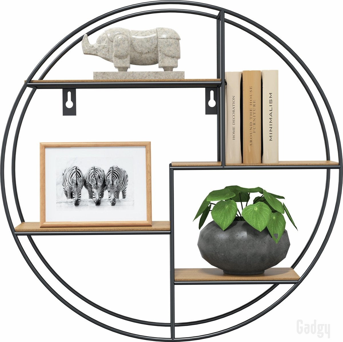 Gadgy - Wandregal Industrial - Rund mit 4 Holzböden - Ø 42x10 cm - schwarz/Holz