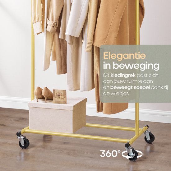 O'DADDY® Kleiderständer auf Rädern - Kleiderständer - Verstellbarer Kleiderständer - Ausziehbarer Kleiderständer - Stabil bis zu 90 kg - Aufbewahrungsständer - Gold - 160 cm